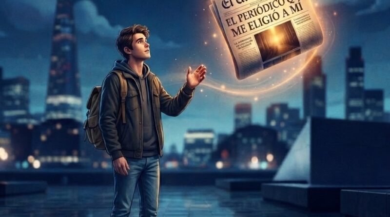 Muchacho leyendo el periódico El Universitario en la UASD, rodeado de un ambiente de periodismo clásico y tinta morada.