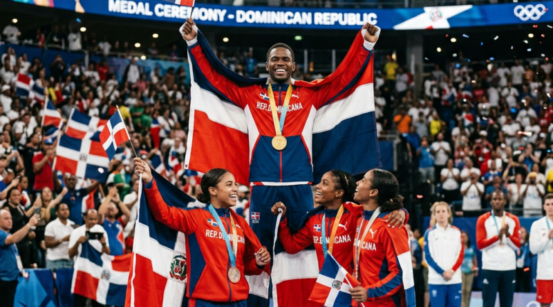 Dominican Republic athletes on medal podium holding flags and wearing medals