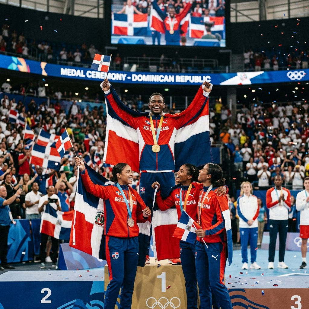 Dominican Republic athletes on medal podium holding flags and wearing medals
