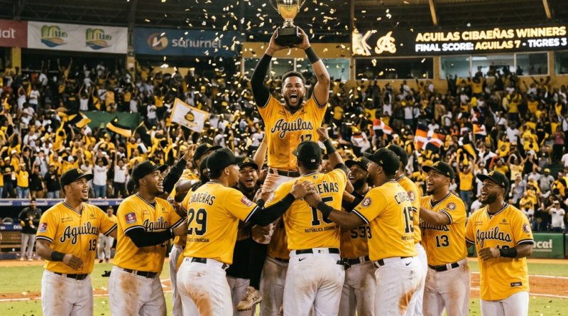 Aguilas Cibaeñas baseball team celebrating championship win with trophy and confetti