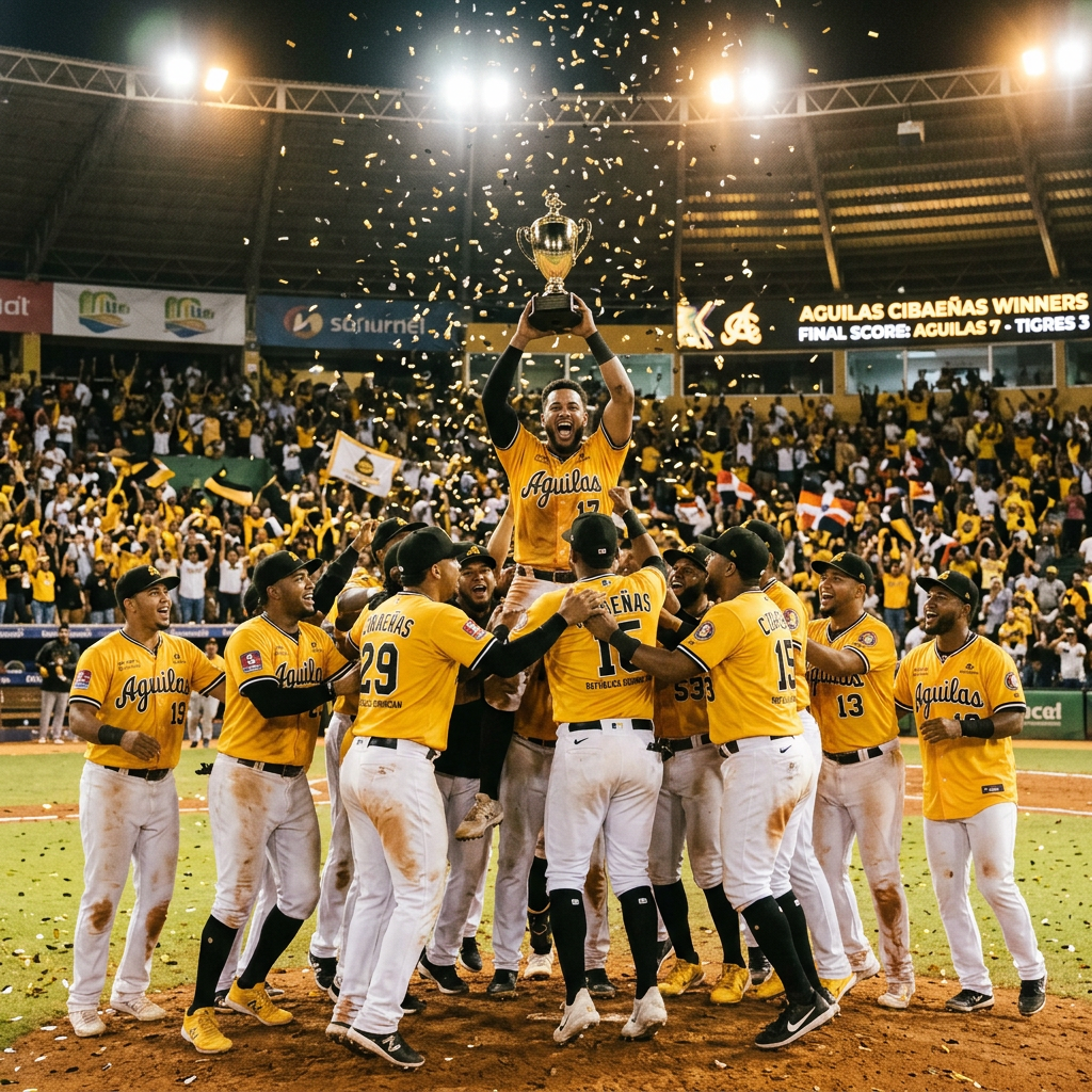 Aguilas Cibaeñas baseball team celebrating championship win with trophy and confetti