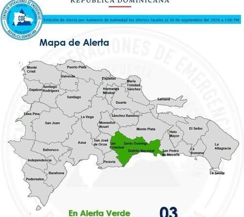 Mapa de zonas bajo alerta verde por lluvias en República Dominicana