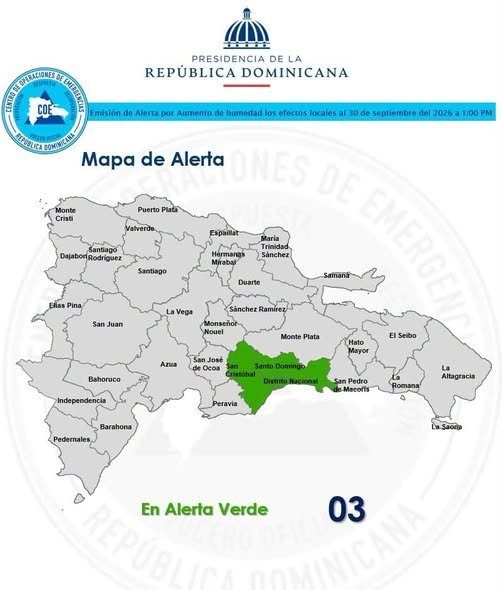 Mapa de zonas bajo alerta verde por lluvias en República Dominicana