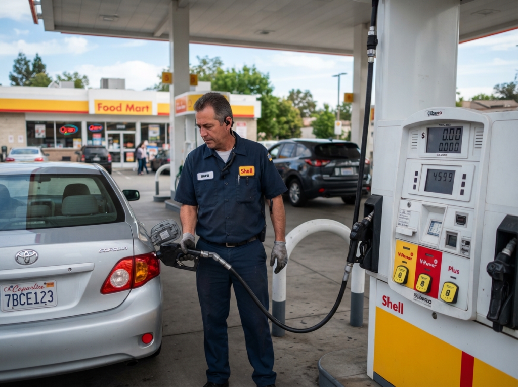 Empleado de estación de combustible sosteniendo una manguera en una gasolinera