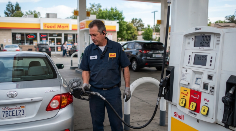 Empleado de estación de combustible sosteniendo una manguera en una gasolinera