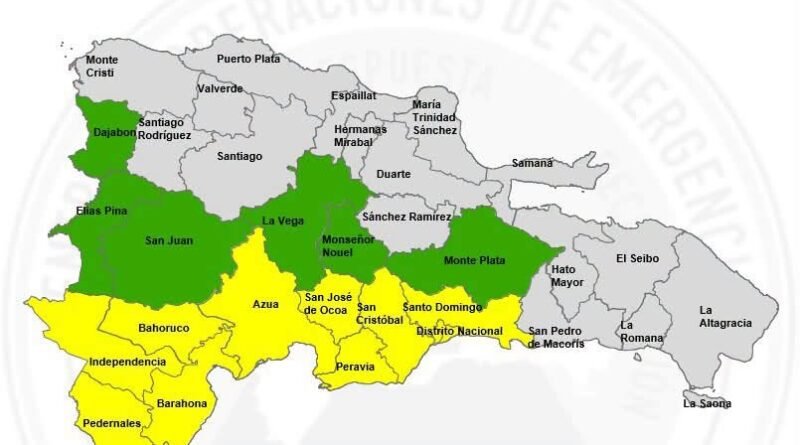 Mapa de alertas meteorológicas del COE por lluvias intensas en República Dominicana