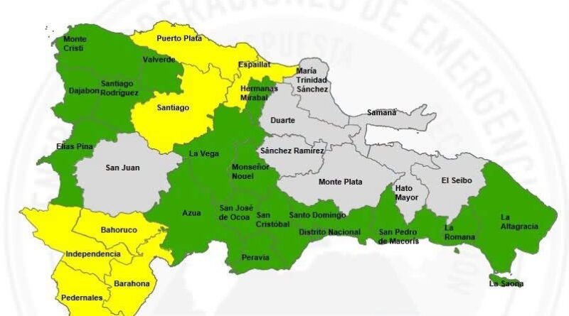 COE informa alertas meteorológicas amarilla y verde para varias provincias de República Dominicana
