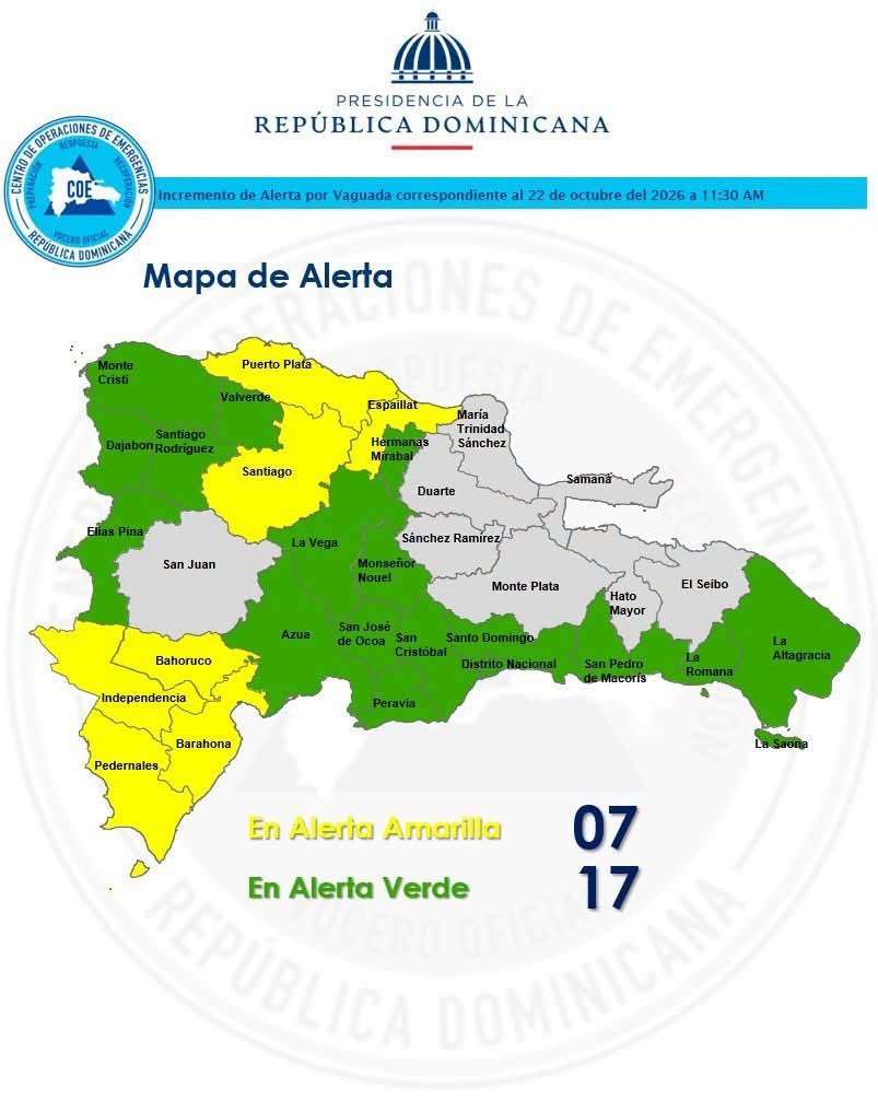 COE informa alertas meteorológicas amarilla y verde para varias provincias de República Dominicana
