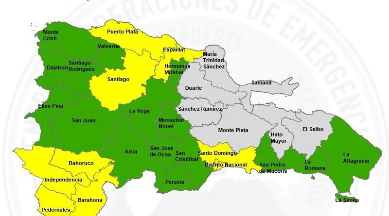 Mapa de alertas amarilla y verde del COE por lluvias, tormentas eléctricas y ráfagas de viento en República Dominicana