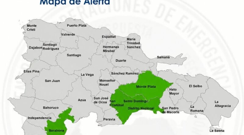 Mapa de zonas bajo alerta verde por lluvias, tormentas eléctricas y ráfagas de viento en República Dominicana