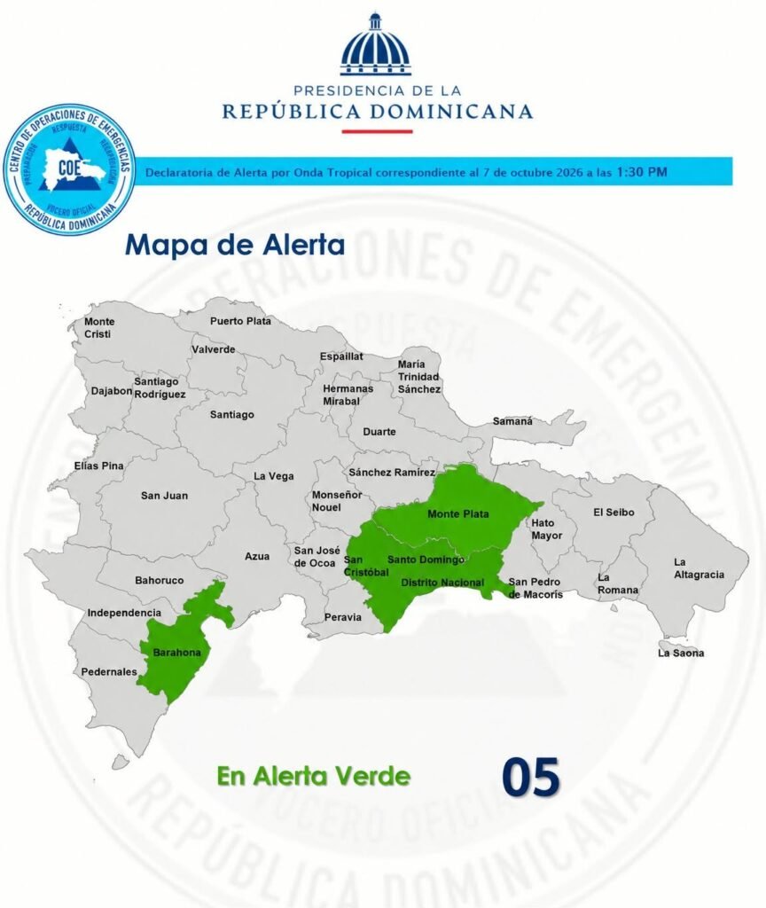 Mapa de zonas bajo alerta verde por lluvias, tormentas eléctricas y ráfagas de viento en República Dominicana