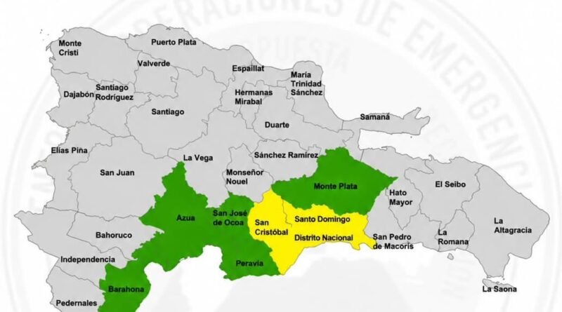Mapa de alertas amarilla y verde del COE por onda tropical