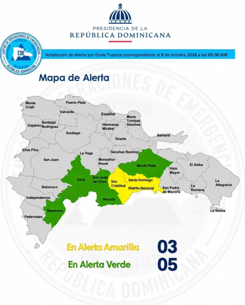 Mapa de alertas amarilla y verde del COE por onda tropical