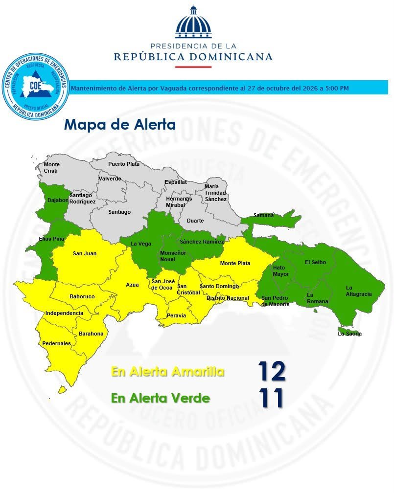 COE mantiene 12 demarcaciones en alerta amarilla y suma 11 en verde por incidencia de vaguada